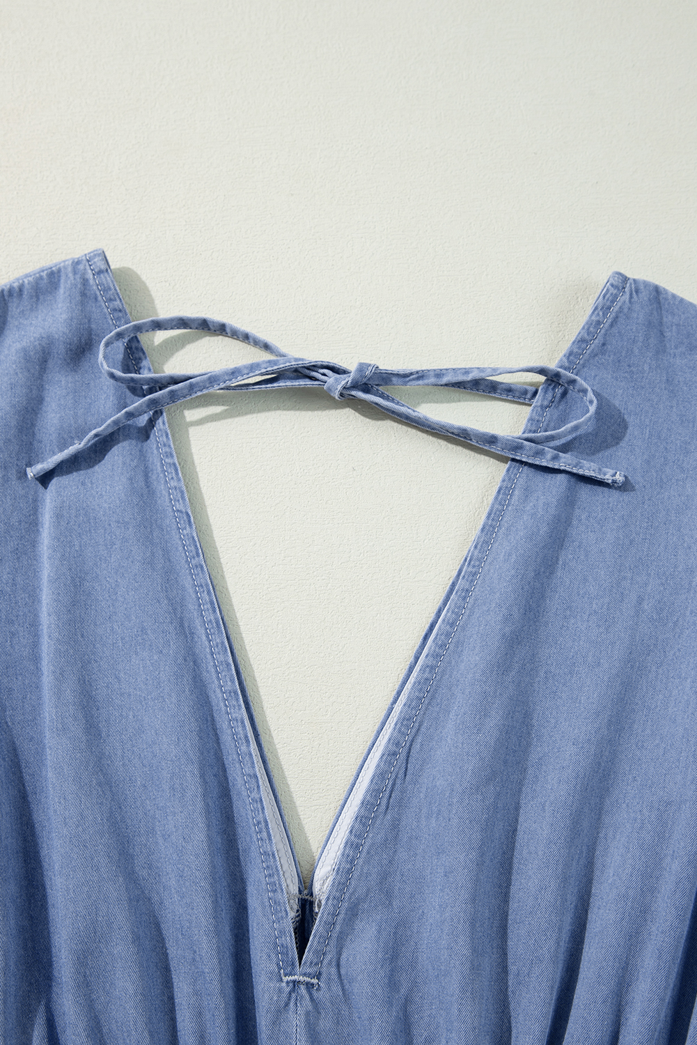 Timeless Chambray Maxi Dress with Deep V Neck and Flared Sleeves - Detail View 6 Timeless Chambray Maxi Dress with Deep V Neck and Flared Sleeves - Detail View 6