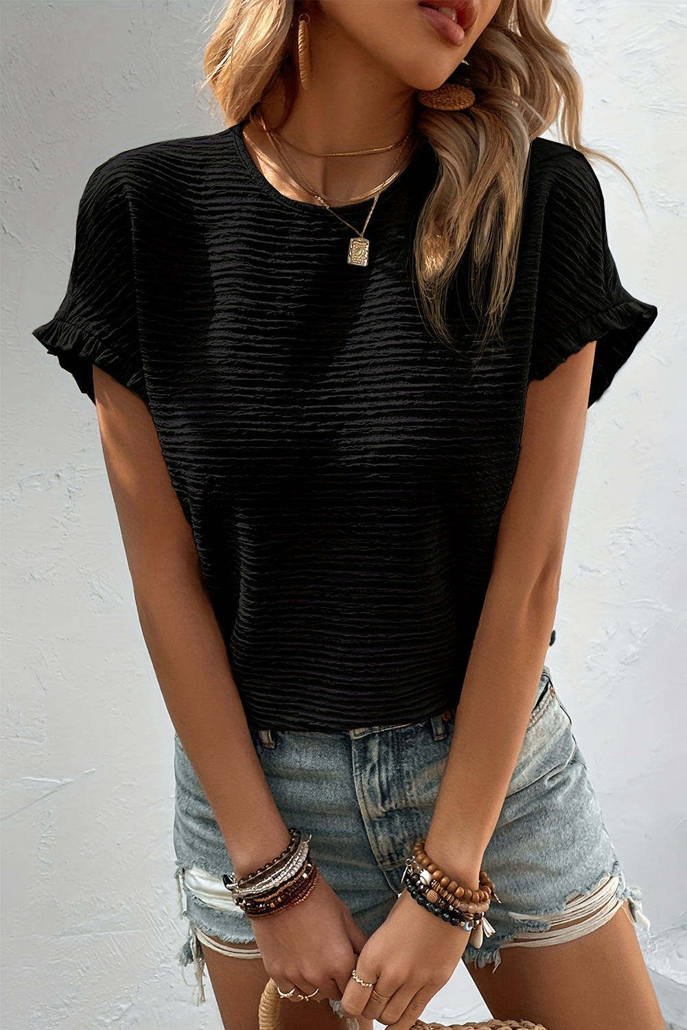 Chic and Sophisticated: Black Solid Short Sleeve Blouse with Ruffled Details - Detail View 2 Chic and Sophisticated: Black Solid Short Sleeve Blouse with Ruffled Details - Detail View 2