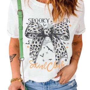 Women's White Spooky Witch Graphic Halloween T-Shirt with Leopard Bowknot - Main View