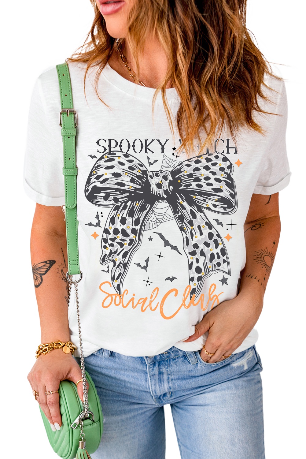 Women's White Spooky Witch Graphic Halloween T-Shirt with Leopard Bowknot - Main View Women's White Spooky Witch Graphic Halloween T-Shirt with Leopard Bowknot - Main View