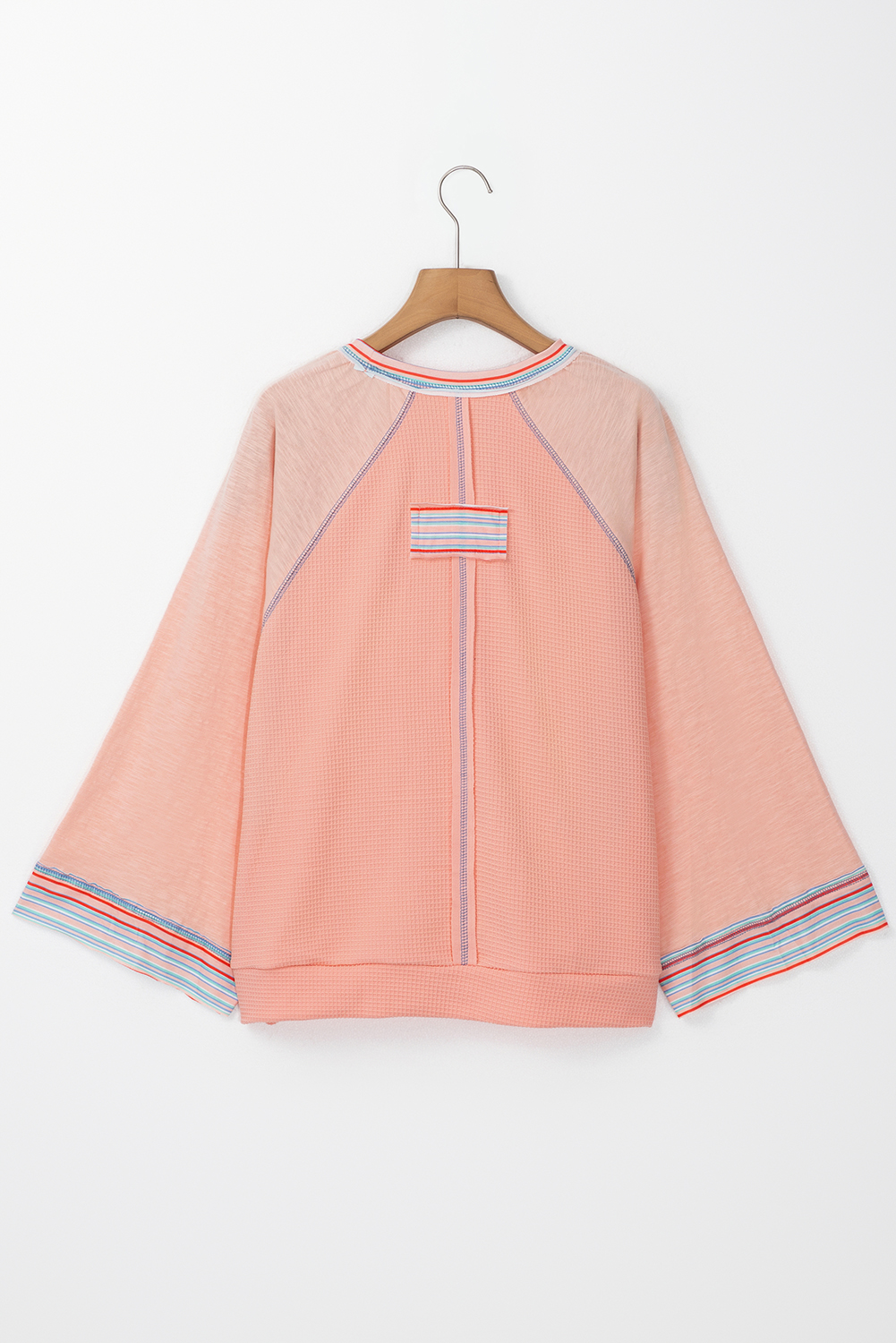 Women's Top, Grapefruit Orange, Waffle Knit, Bracelet Sleeve, Patchwork, Raglan Sleeve, Casual Style, Stripe Pattern, Long Sleeve, Round Neck, Comfortable, Daily Wear, Spring Fashion, Laid Back Look, Tops, Long Sleeve Tops - Detail View 4 Women's Top, Grapefruit Orange, Waffle Knit, Bracelet Sleeve, Patchwork, Raglan Sleeve, Casual Style, Stripe Pattern, Long Sleeve, Round Neck, Comfortable, Daily Wear, Spring Fashion, Laid Back Look, Tops, Long Sleeve Tops - Detail View 4