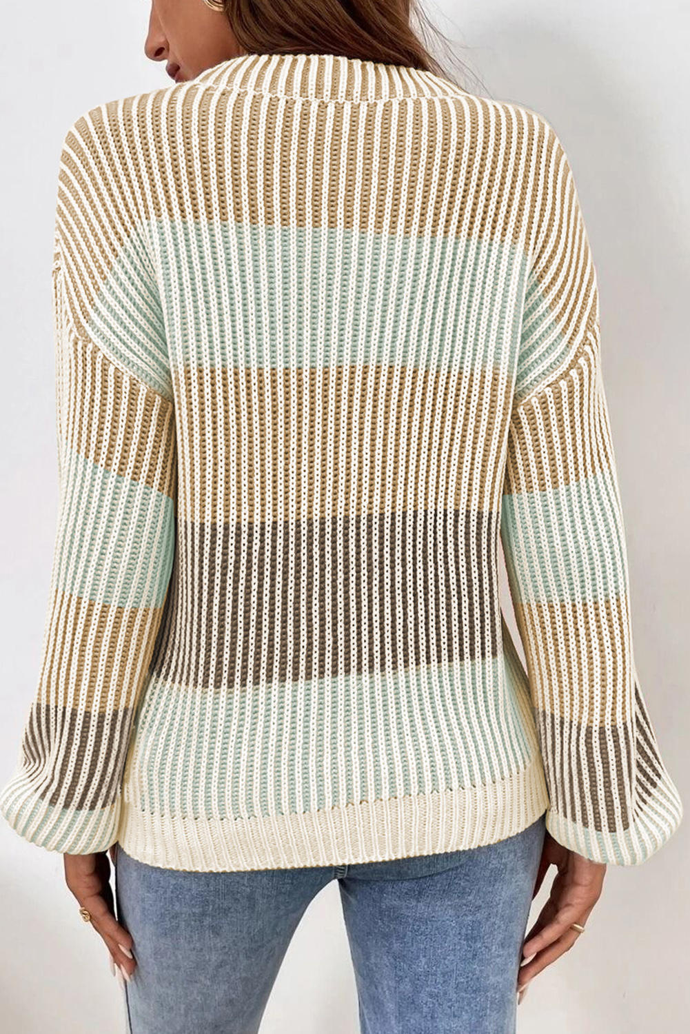 Fashionable Long Sleeve Knit Sweater with Playful Bubble Sleeves - Brown - Detail View 2 Fashionable Long Sleeve Knit Sweater with Playful Bubble Sleeves - Brown - Detail View 2