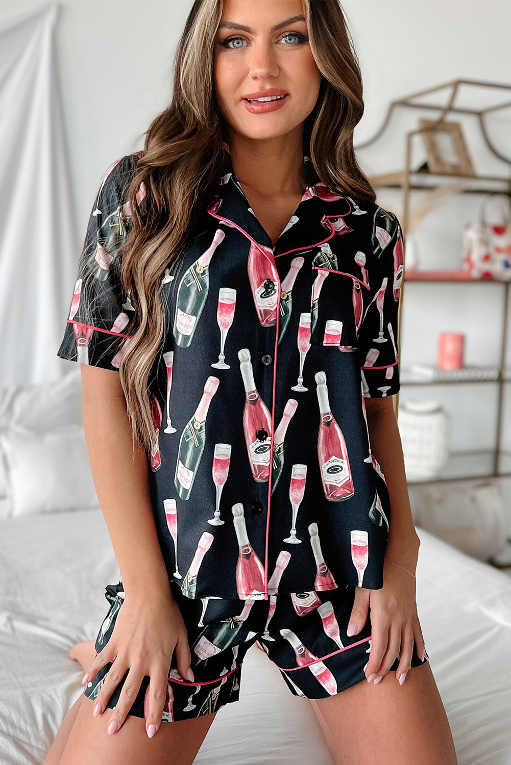 Women's Champagne Print Pajamas, Silky Short Sleeve Set - Detail View 4 Women's Champagne Print Pajamas, Silky Short Sleeve Set - Detail View 4