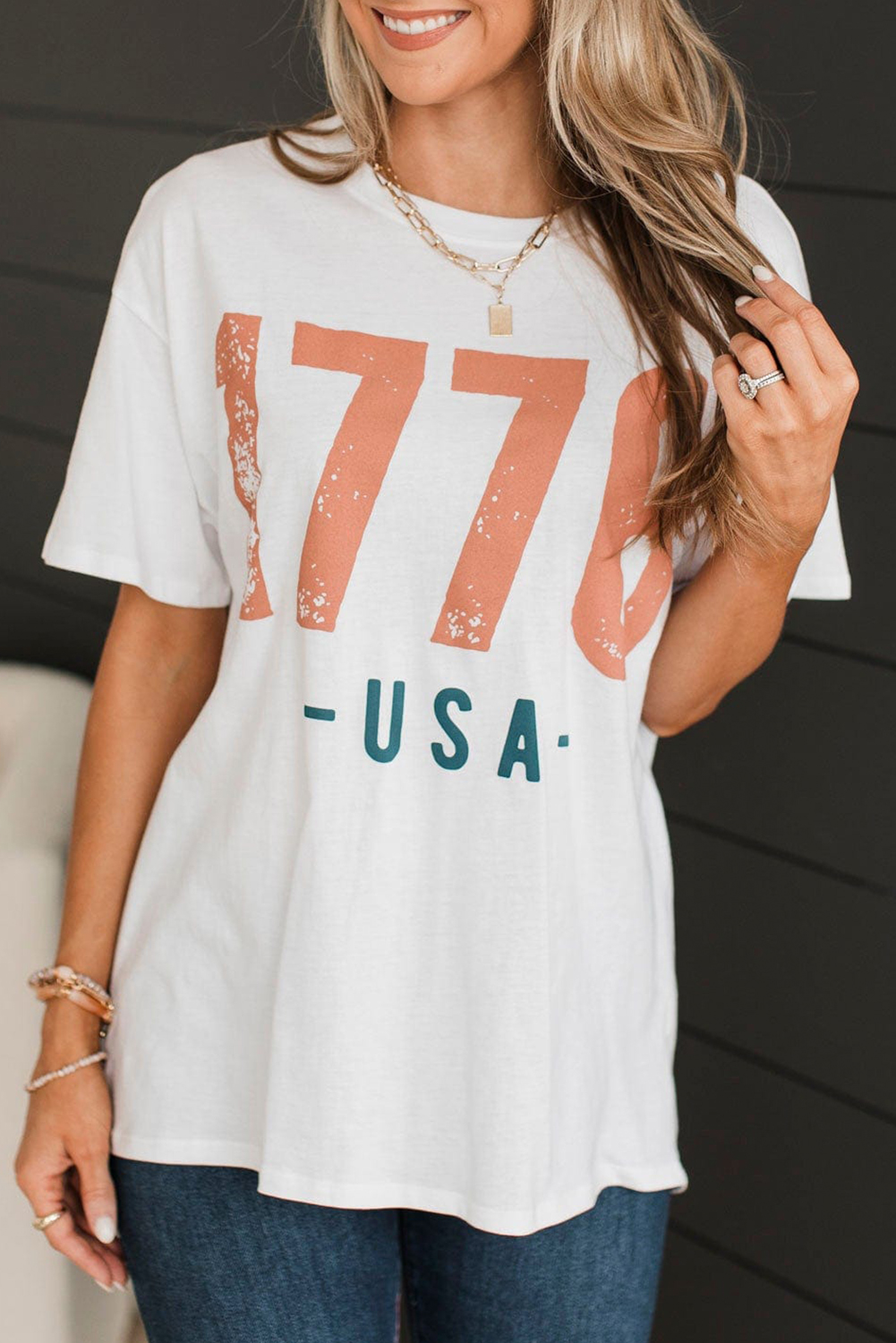 Vintage Style 1776 USA Tee, Patriotic Round Neck Casual Top - Detail View 2 Vintage Style 1776 USA Tee, Patriotic Round Neck Casual Top - Detail View 2