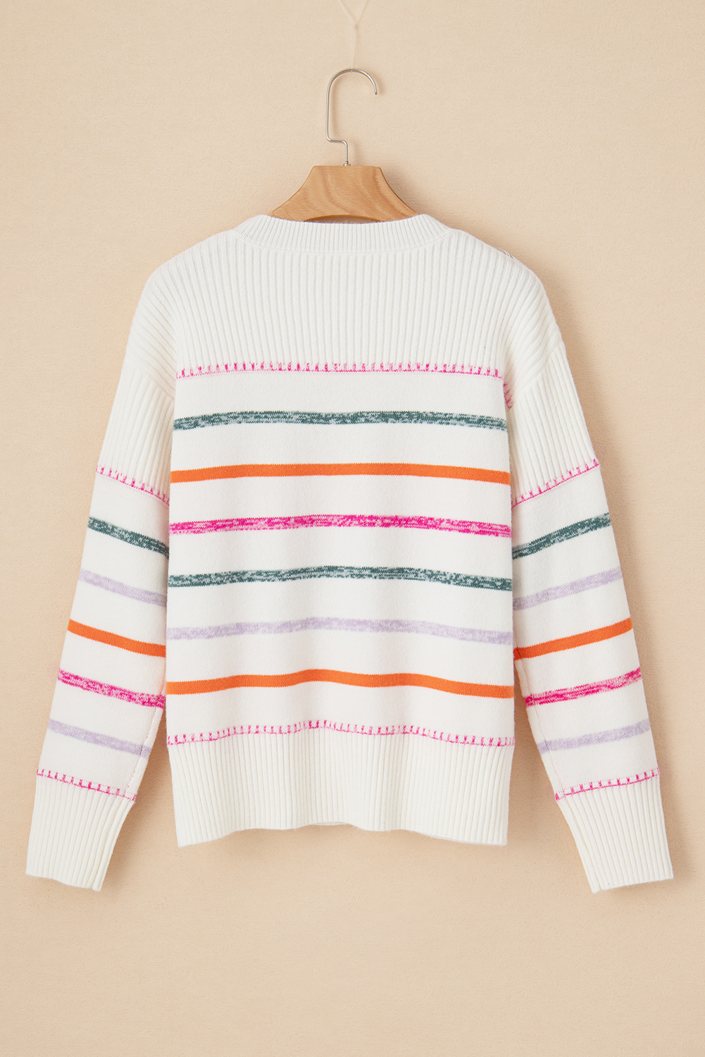 Women's White Colorful Striped Ribbed Trim Sweater - Detail View 16 Women's White Colorful Striped Ribbed Trim Sweater - Detail View 16