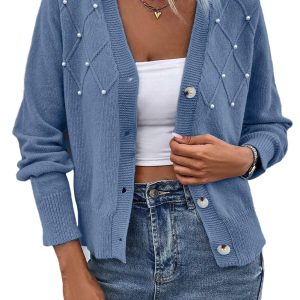 Elegant Women's Myosotis Textured Knit Pearl Beaded Button Up Cardigan - Main View