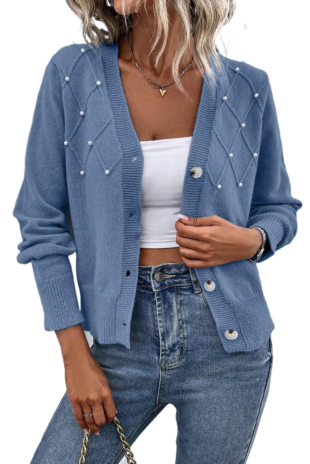 Elegant Women's Myosotis Textured Knit Pearl Beaded Button Up Cardigan - Main View Elegant Women's Myosotis Textured Knit Pearl Beaded Button Up Cardigan - Main View