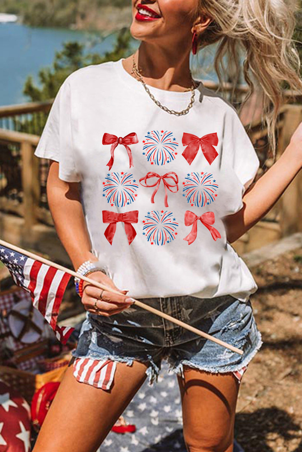 Short Sleeve Holiday Graphic Tee, Casual Patriotic Bow Top - Detail View 2 Short Sleeve Holiday Graphic Tee, Casual Patriotic Bow Top - Detail View 2