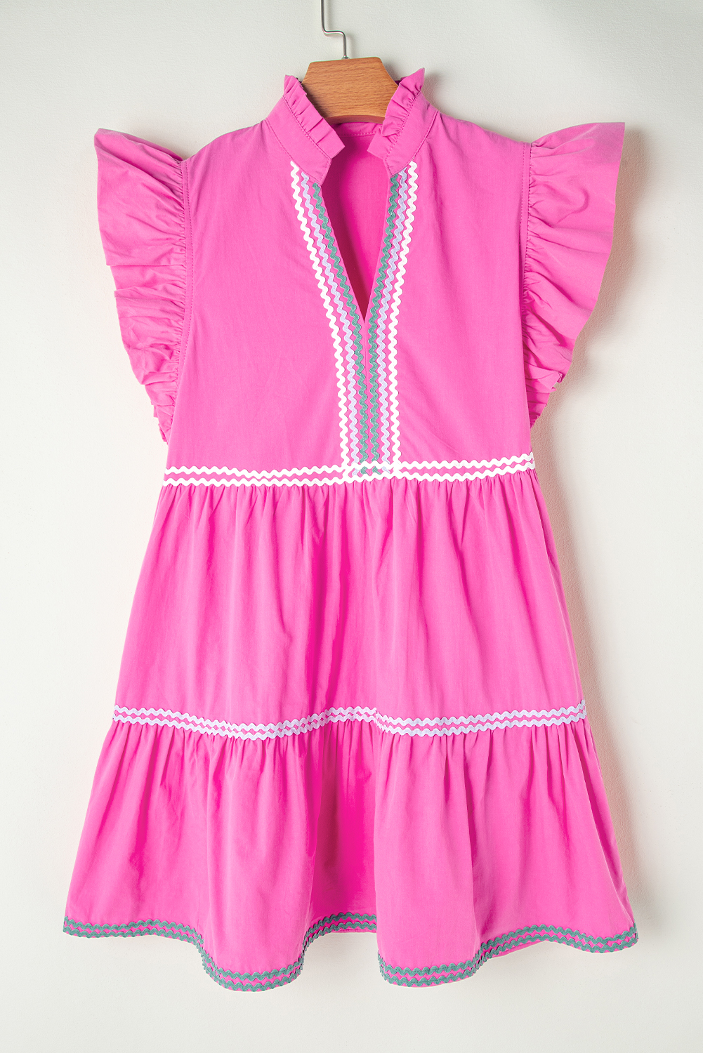 Women's Strawberry Pink Colorblock Ric Rac Flutter Sleeve Mini Dress - Detail View 6 Women's Strawberry Pink Colorblock Ric Rac Flutter Sleeve Mini Dress - Detail View 6
