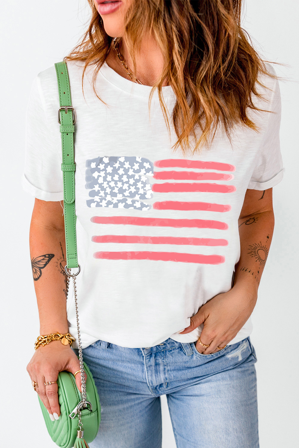 Classic Flag Graphic Tee with Crew Neck and Short Sleeves for Women - Detail View 7 Classic Flag Graphic Tee with Crew Neck and Short Sleeves for Women - Detail View 7
