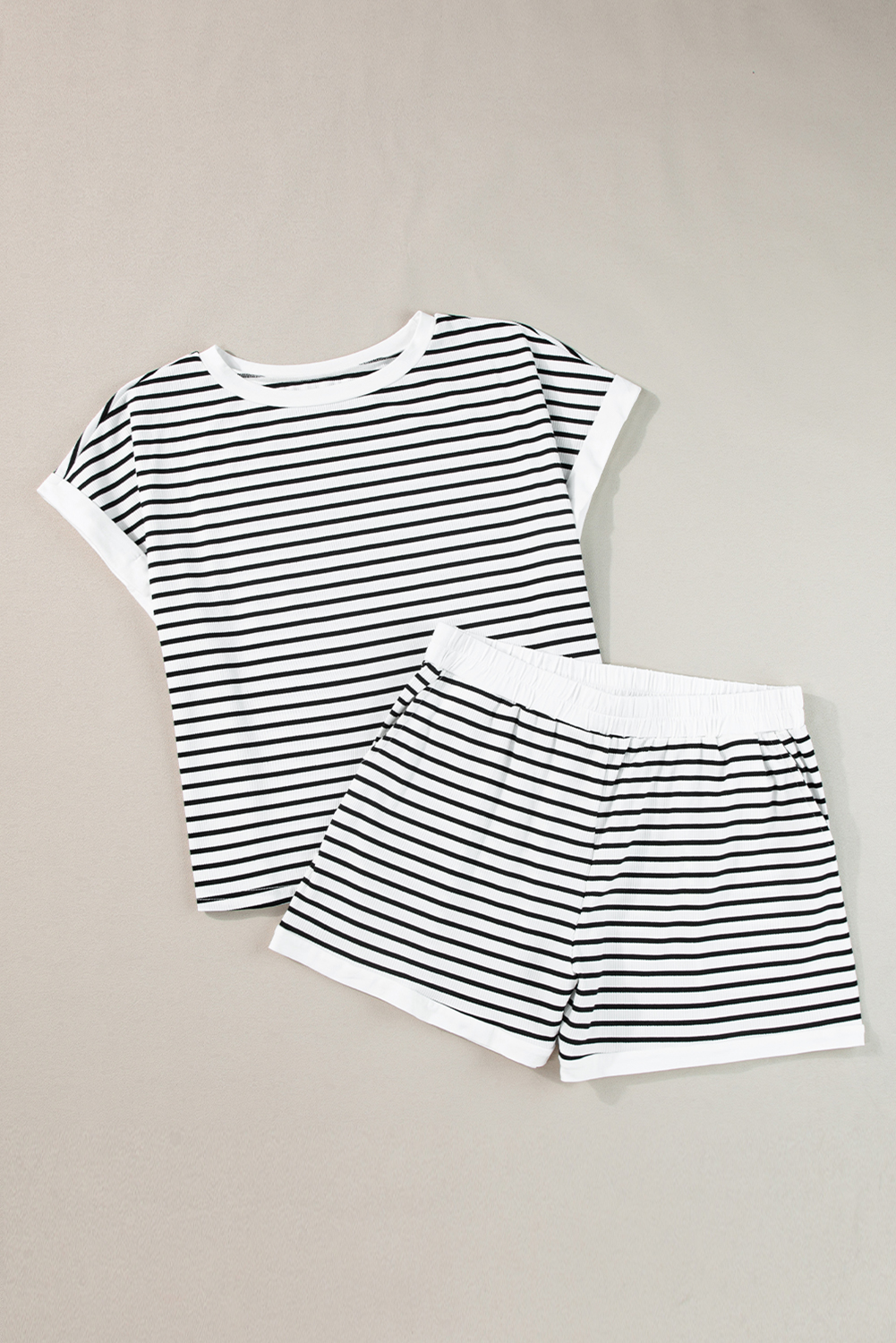 Summer Striped Lounge Set, Women's Casual Ribbed Two Piece Outfit - Detail View 8 Summer Striped Lounge Set, Women's Casual Ribbed Two Piece Outfit - Detail View 8