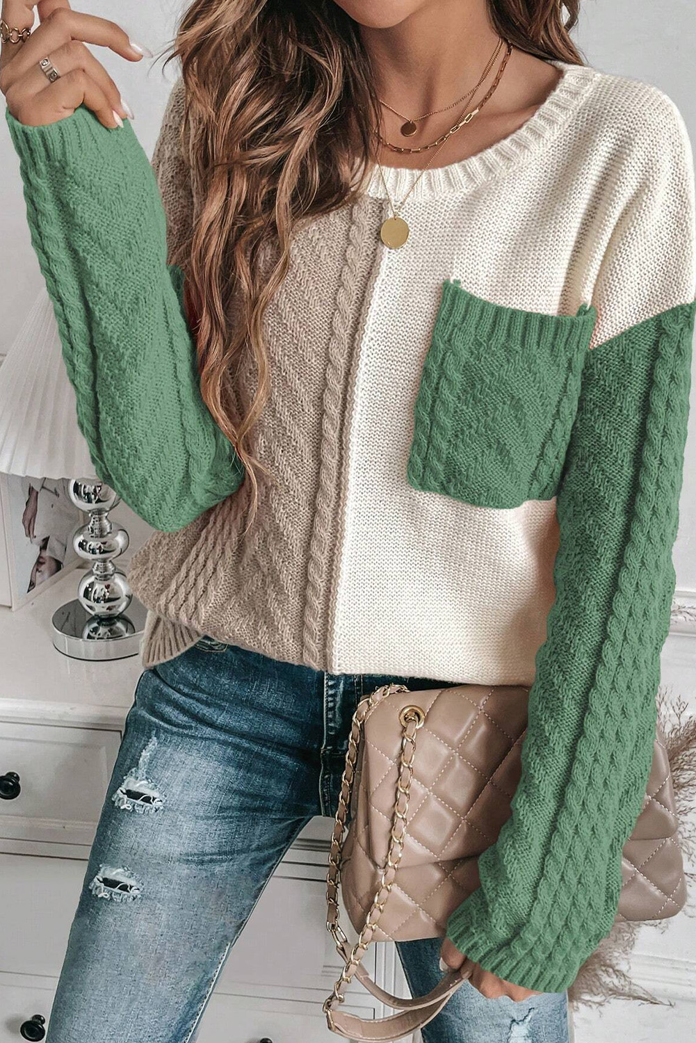 Women's Colorblock Sweater, Vineyard Green Long Sleeve Knit - Detail View 10 Women's Colorblock Sweater, Vineyard Green Long Sleeve Knit - Detail View 10