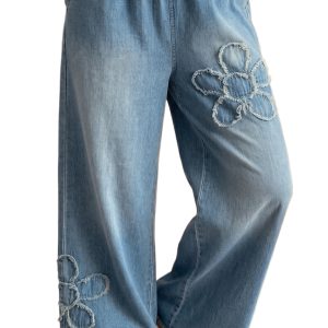 Women's Wide Leg Jeans, Casual Frayed Floral Denim - Main View