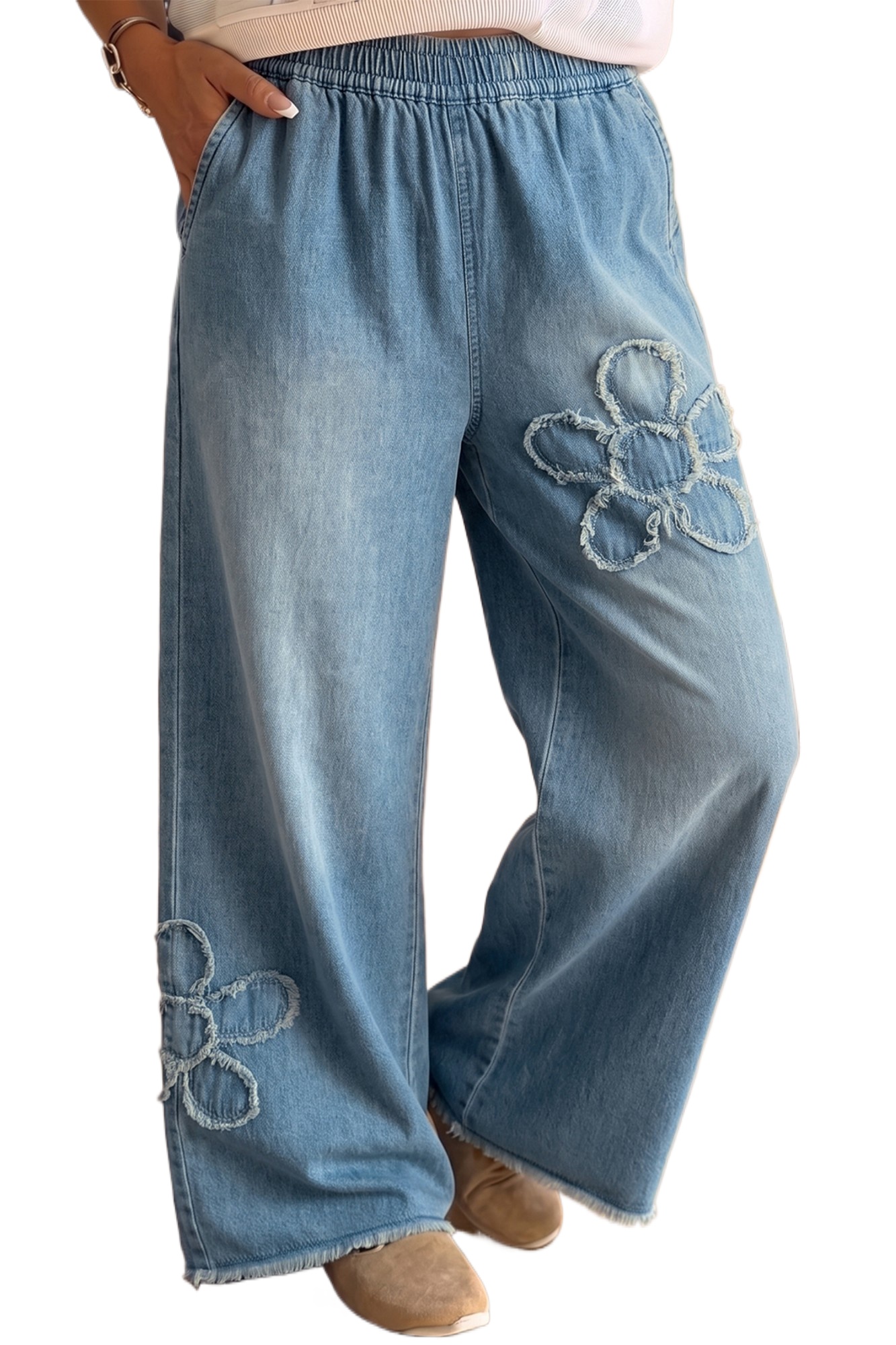 Women's Wide Leg Jeans, Casual Frayed Floral Denim - Main View Women's Wide Leg Jeans, Casual Frayed Floral Denim - Main View