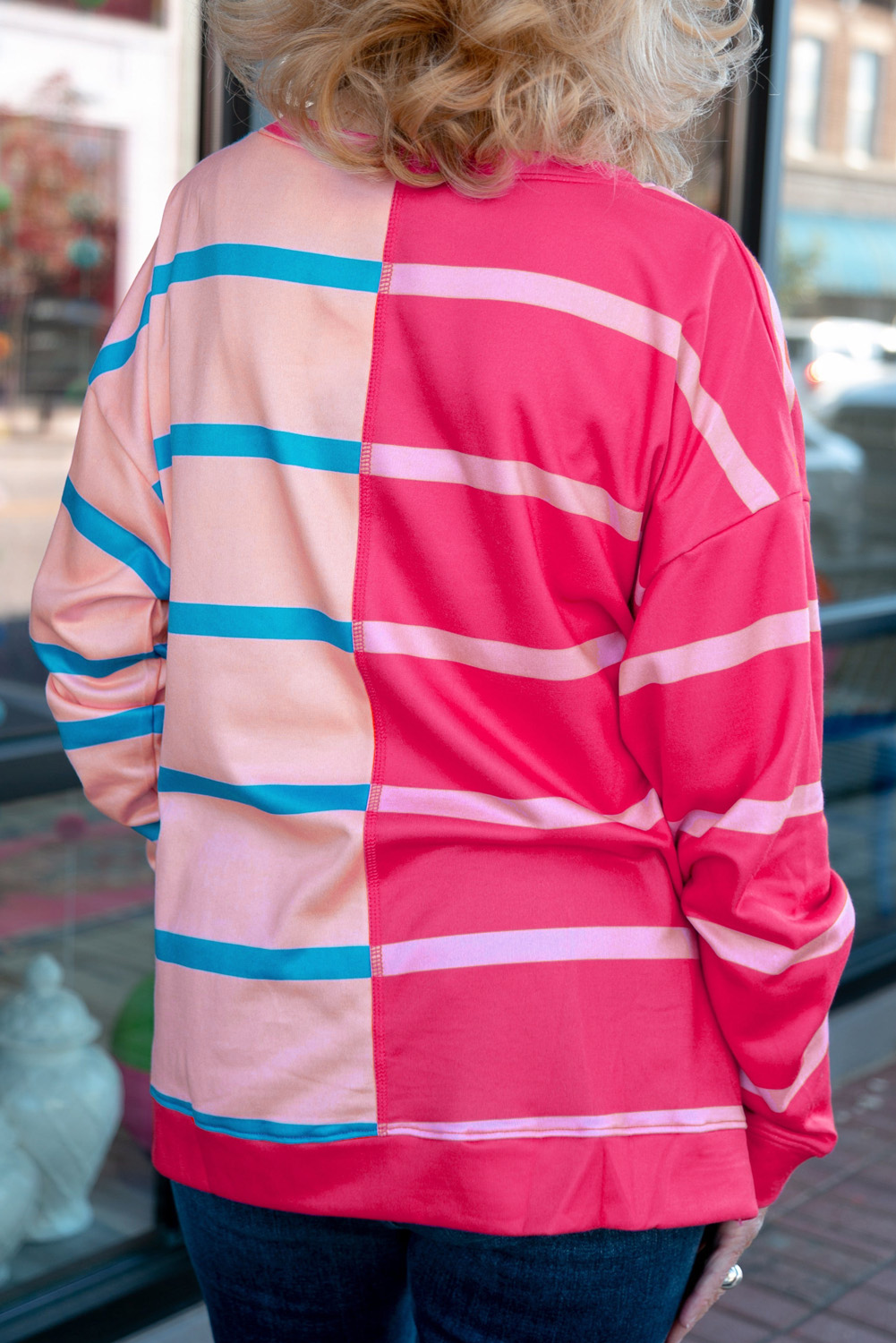 Vibrant and Chic Plus Size Color Block T-Shirt - Rose Stripe Pattern - Detail View 2 Vibrant and Chic Plus Size Color Block T-Shirt - Rose Stripe Pattern - Detail View 2