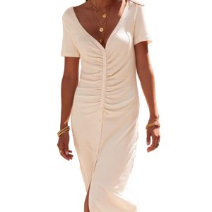 Women's Beige Ruched Maxi Dress, V Neck Button Front Casual - Main View