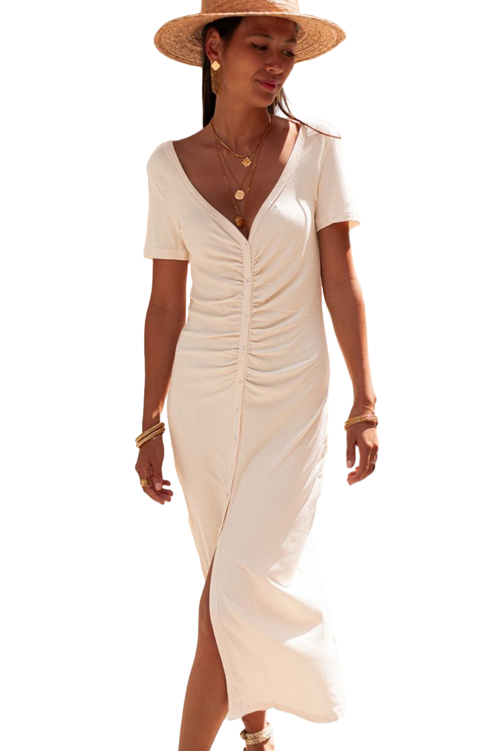Women's Beige Ruched Maxi Dress, V Neck Button Front Casual - Main View Women's Beige Ruched Maxi Dress, V Neck Button Front Casual - Main View