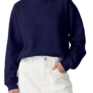 Women's Navy Blue Solid Fleece-Lined Drop Shoulder Terry Sweatshirt - Main View