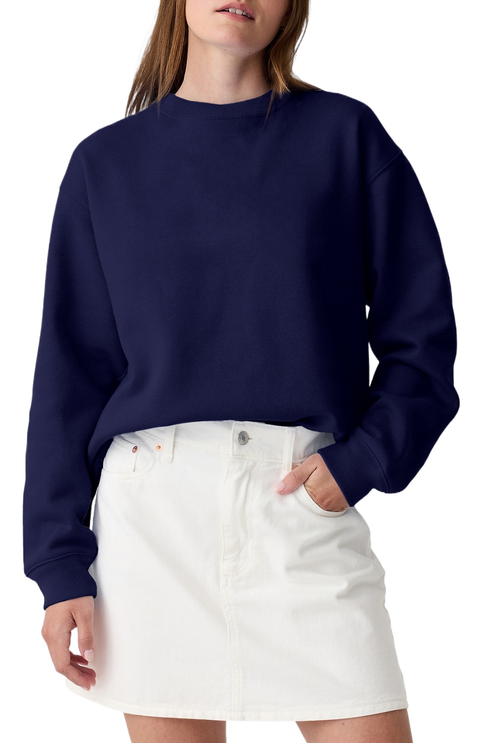 Women's Navy Blue Solid Fleece-Lined Drop Shoulder Terry Sweatshirt - Main View Women's Navy Blue Solid Fleece-Lined Drop Shoulder Terry Sweatshirt - Main View