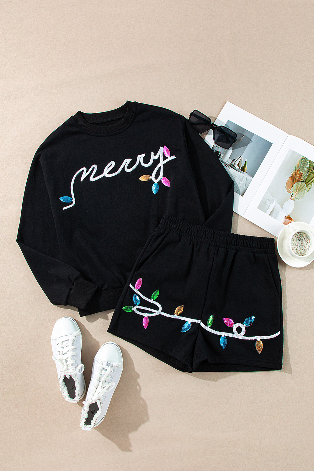 Women's Black Sequin Merry Graphic Pullover and Shorts Outfit - Detail View 11 Women's Black Sequin Merry Graphic Pullover and Shorts Outfit - Detail View 11
