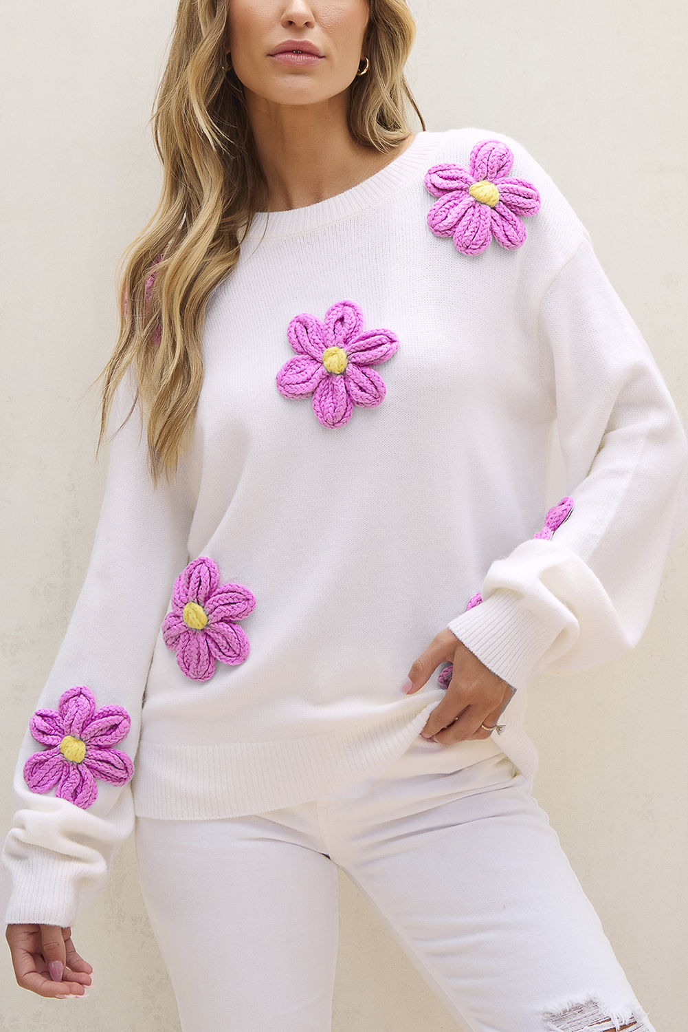 Elegant Long Sleeve Round Neck Sweater: White Floral Crochet - Detail View 7 Elegant Long Sleeve Round Neck Sweater: White Floral Crochet - Detail View 7