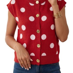 Women's Red Polka Dot Sweater Vest, Casual Button Front Top - Main View