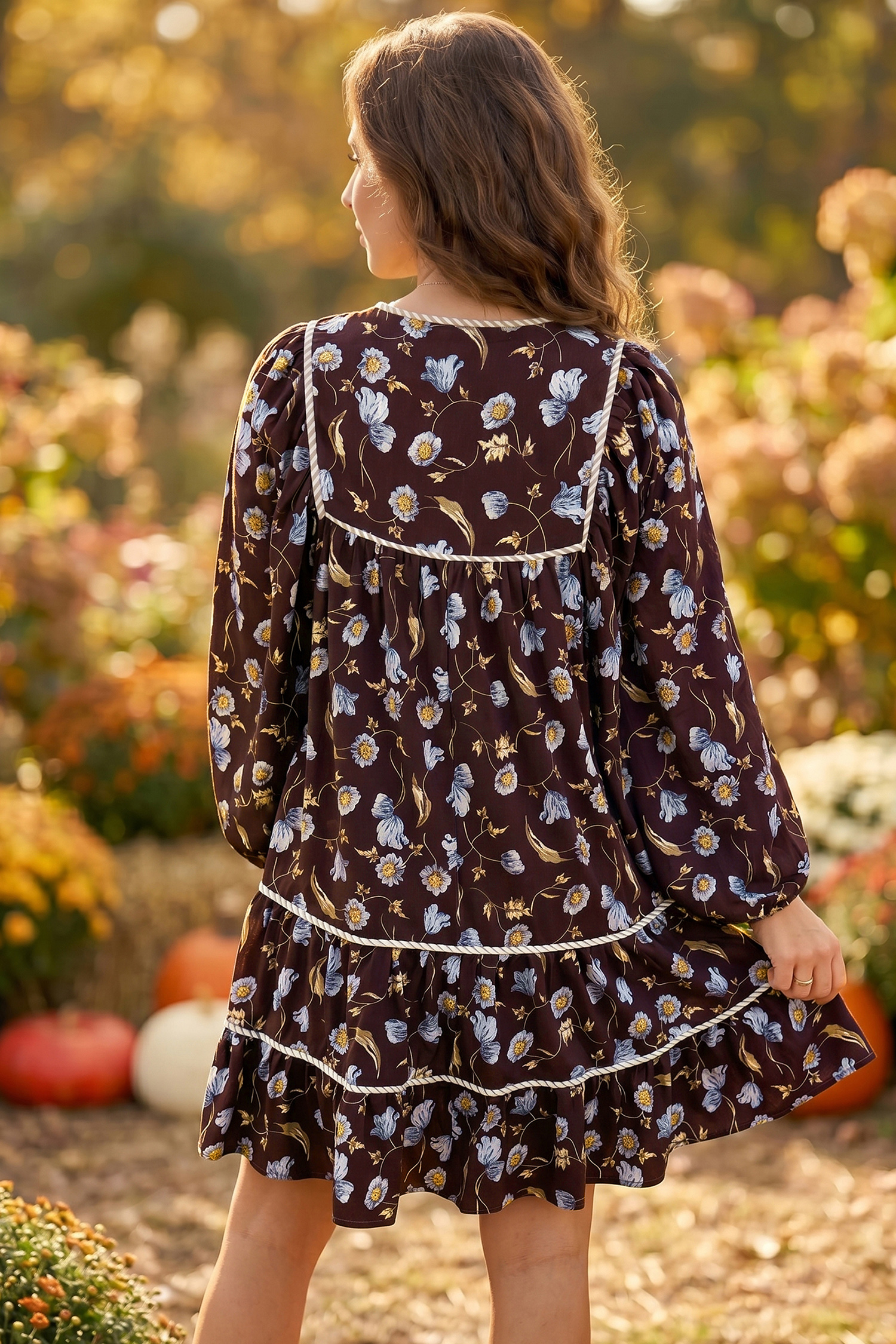 Women's Floral Print V Neck Dress, Long Sleeve Mini - Detail View 2 Women's Floral Print V Neck Dress, Long Sleeve Mini - Detail View 2