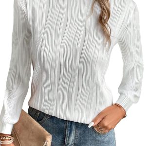 Women's White Textured Wavy Round Neck Long Sleeve Top - Main View