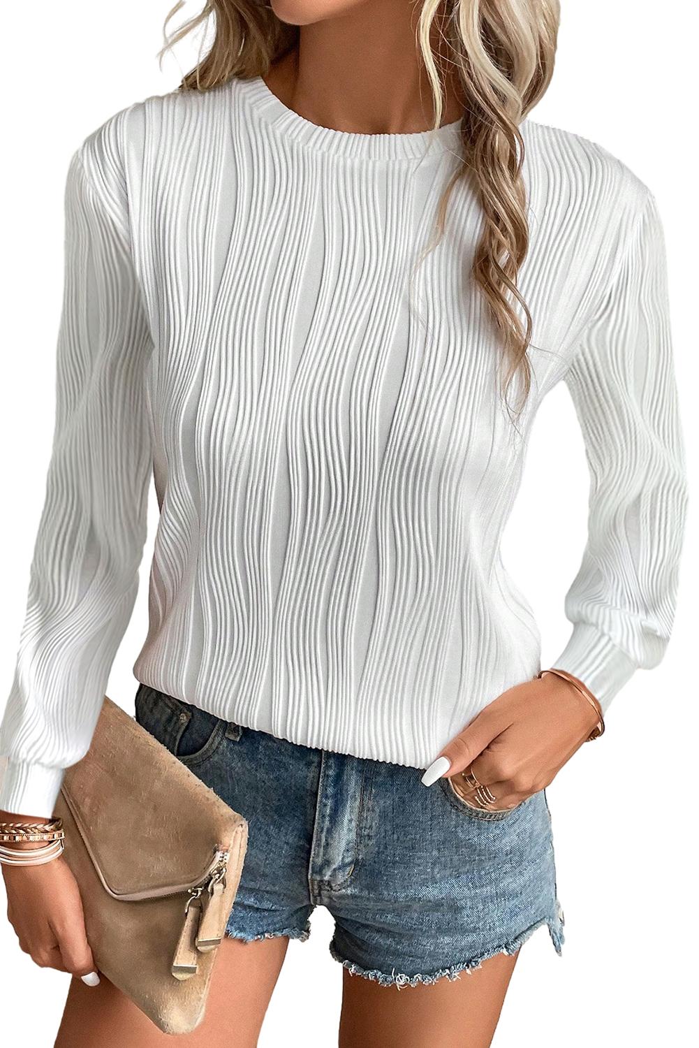 Women's White Textured Wavy Round Neck Long Sleeve Top - Main View Women's White Textured Wavy Round Neck Long Sleeve Top - Main View