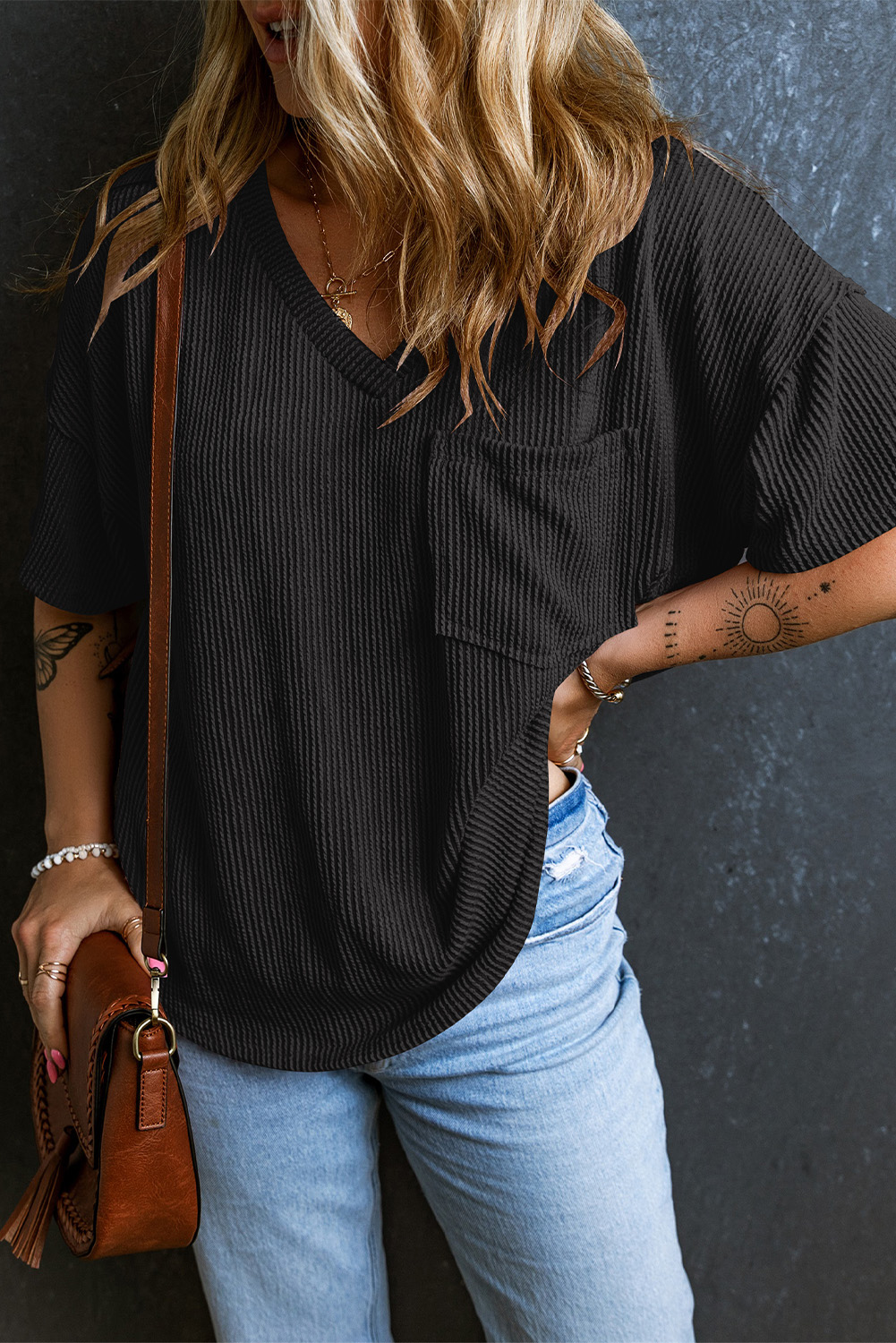 Black Ribbed V Neck Tee, Comfortable Shift Top For Daily Wear - Detail View 5 Black Ribbed V Neck Tee, Comfortable Shift Top For Daily Wear - Detail View 5