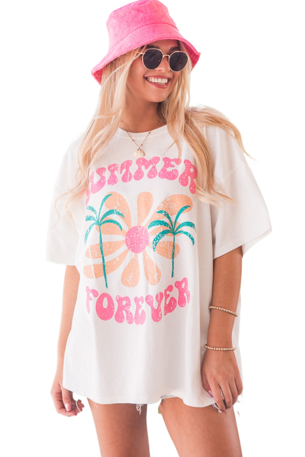 Summer Forever White Floral Graphic T-Shirt for Women - Main View Summer Forever White Floral Graphic T-Shirt for Women - Main View