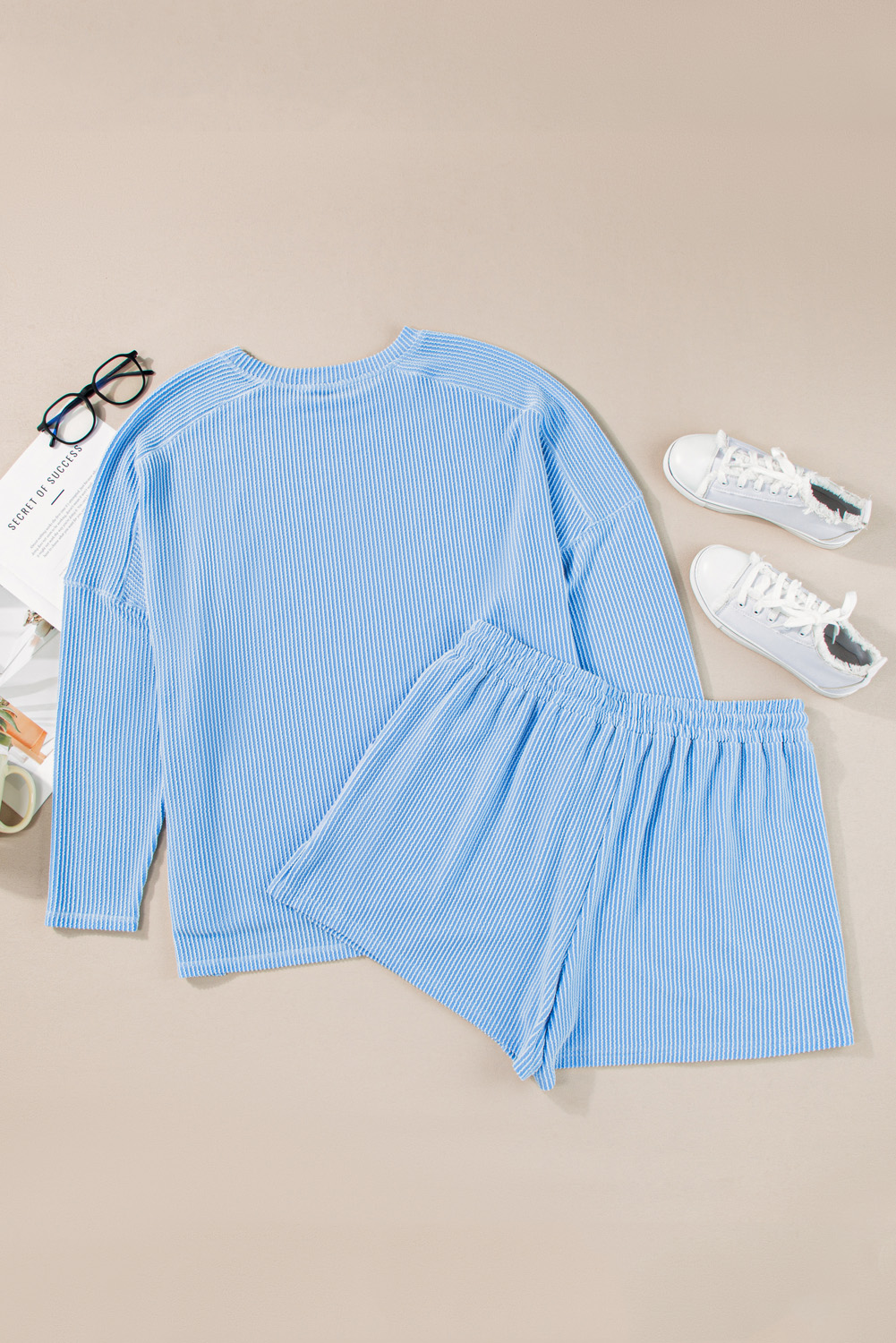 Plus Size Light Blue Ribbed Long Sleeve Top and Drawstring Shorts Set - Detail View 6 Plus Size Light Blue Ribbed Long Sleeve Top and Drawstring Shorts Set - Detail View 6