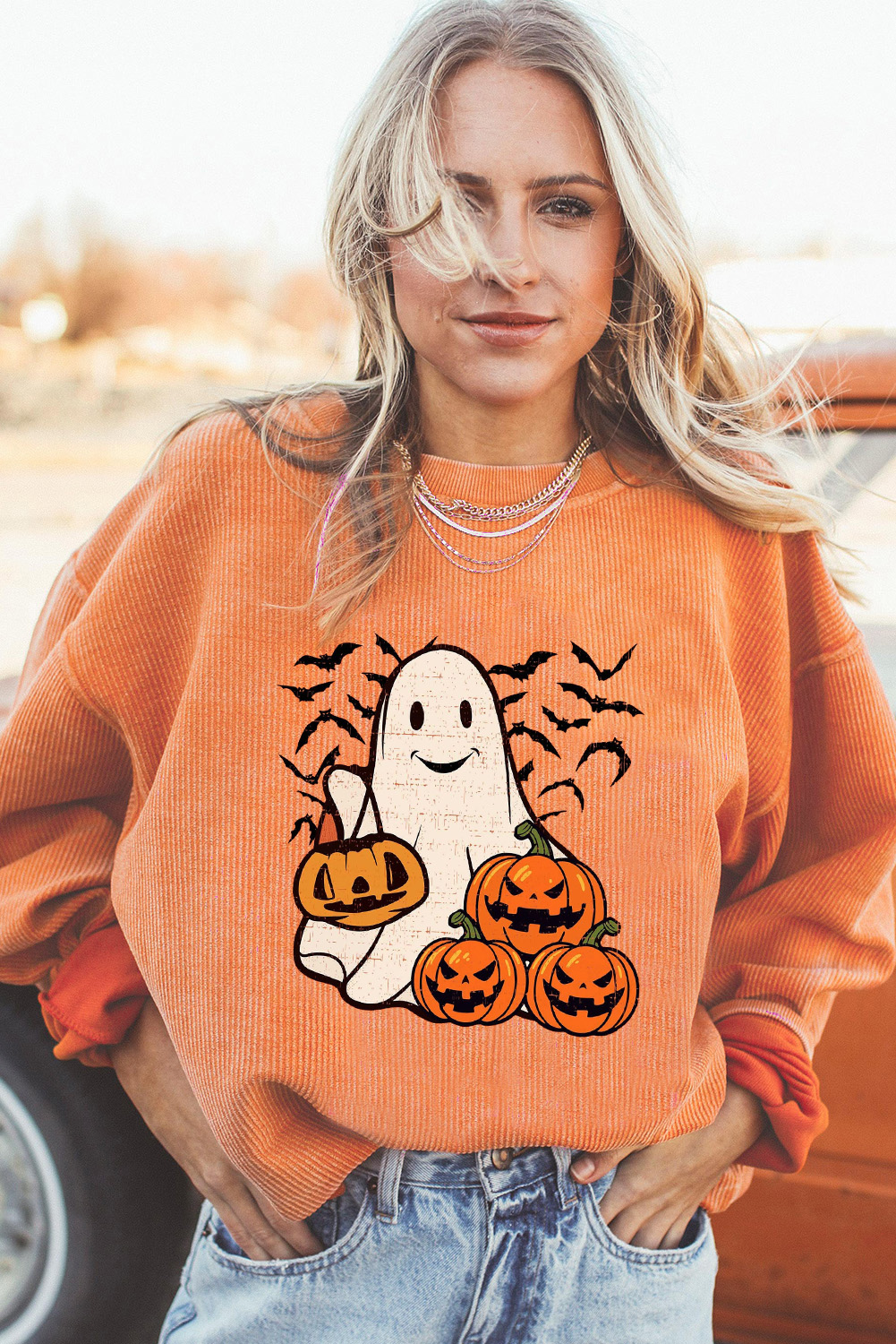 Cozy Orange Corded Sweatshirt with Ghost and Pumpkin Bat Graphic - Detail View 6 Cozy Orange Corded Sweatshirt with Ghost and Pumpkin Bat Graphic - Detail View 6