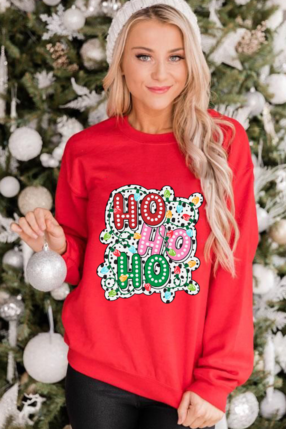 Women's Sweatshirt, Red Christmas, HO HO HO Graphic, Colorful Lights, Holiday Fashion, Cozy, Long Sleeve, Casual Wear, Comfortable, Durable Material, Festive Gatherings, Autumn Style, Graphic Sweatshirts - Detail View 4 Women's Sweatshirt, Red Christmas, HO HO HO Graphic, Colorful Lights, Holiday Fashion, Cozy, Long Sleeve, Casual Wear, Comfortable, Durable Material, Festive Gatherings, Autumn Style, Graphic Sweatshirts - Detail View 4