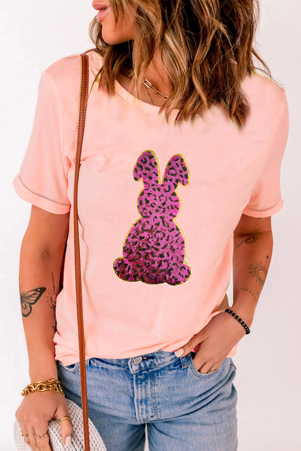 Leopard Bunny Graphic T Shirt, Women's Short Sleeve Casual - Detail View 2 Leopard Bunny Graphic T Shirt, Women's Short Sleeve Casual - Detail View 2
