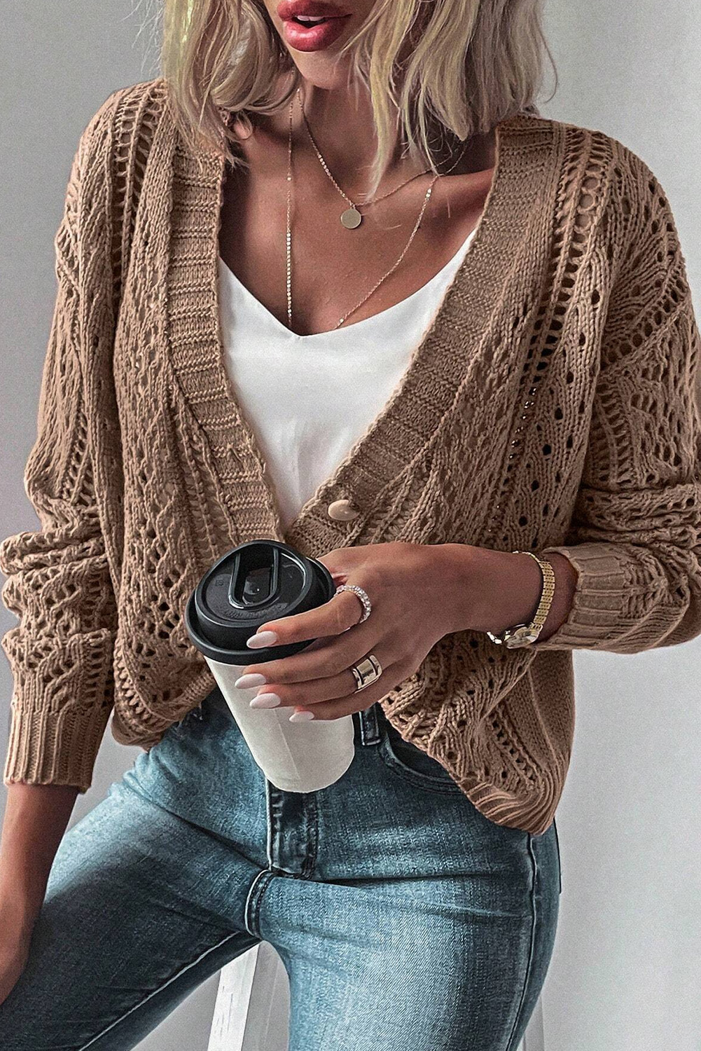 Women's Dark Khaki Open Knit Drop Shoulder Sweater Cardigan - Detail View 6 Women's Dark Khaki Open Knit Drop Shoulder Sweater Cardigan - Detail View 6