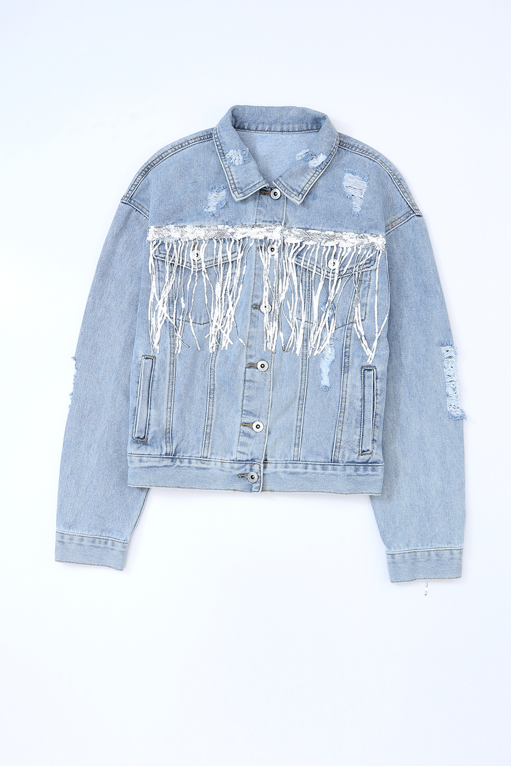 Women's Sequin Fringe Denim Jacket, Distressed Light Blue Coat - Detail View 10 Women's Sequin Fringe Denim Jacket, Distressed Light Blue Coat - Detail View 10