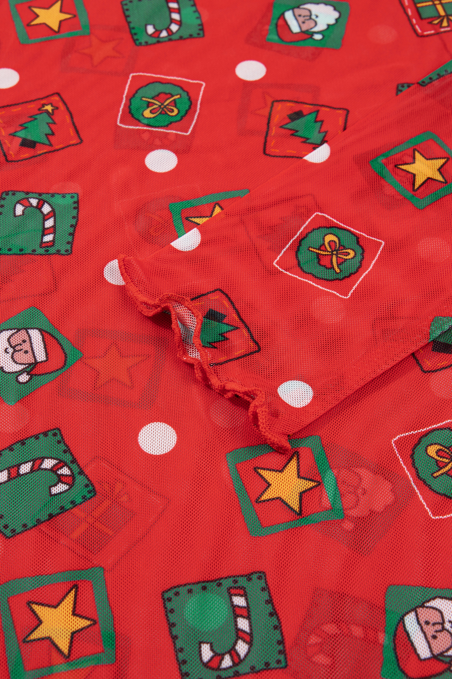 Women's Red Printed Top, Holiday Sheer Mesh Tee - Detail View 8 Women's Red Printed Top, Holiday Sheer Mesh Tee - Detail View 8