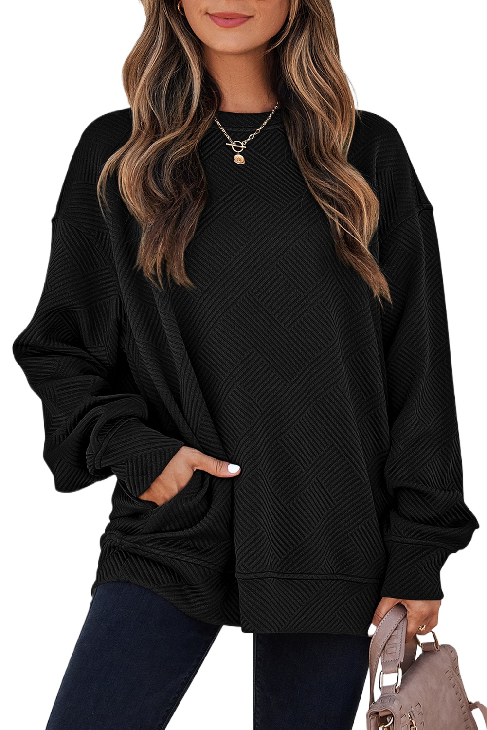 Women's Textured Sweatshirt, Casual Daily Pullover - Main View Women's Textured Sweatshirt, Casual Daily Pullover - Main View