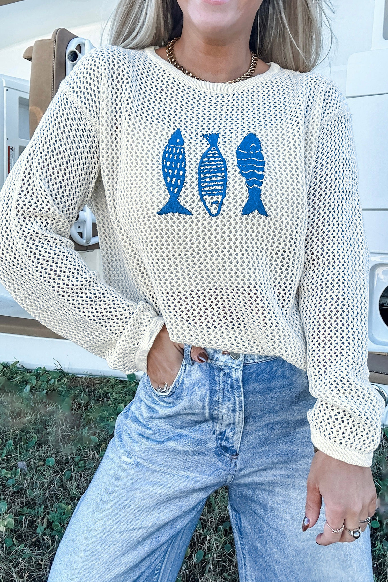 Women's White Fish Embroidered Sweater, Casual Open Knit - Detail View 7 Women's White Fish Embroidered Sweater, Casual Open Knit - Detail View 7