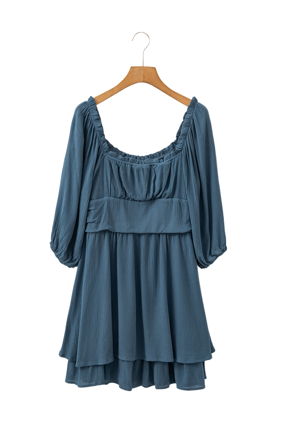 Women's Mini Dress, Real Teal, Frilled Neckline, 3/4 Sleeve, Layered Design, Ruched Detail, High Waist, A-Line Silhouette, Daily Wear, Solid Color, Romantic Style, Feminine Aesthetic, Spring Fashion, Chic Dress, Short Dress - Detail View 16 Women's Mini Dress, Real Teal, Frilled Neckline, 3/4 Sleeve, Layered Design, Ruched Detail, High Waist, A-Line Silhouette, Daily Wear, Solid Color, Romantic Style, Feminine Aesthetic, Spring Fashion, Chic Dress, Short Dress - Detail View 16