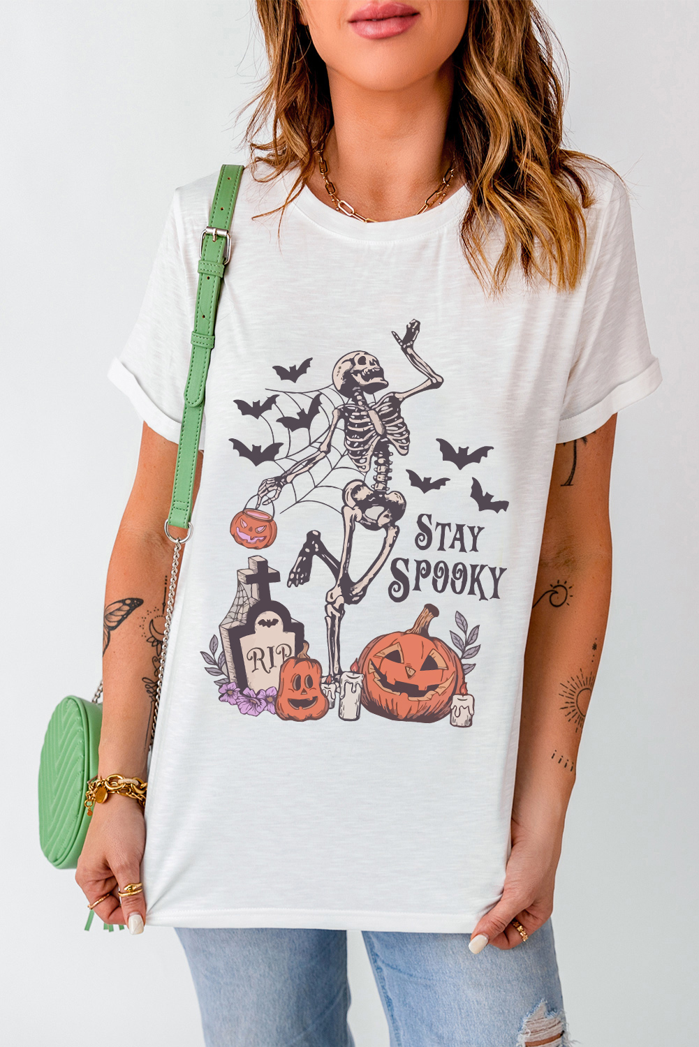 Stay Spooky! Unique Halloween Graphic Tee with Skull and Pumpkin Design - Detail View 3 Stay Spooky! Unique Halloween Graphic Tee with Skull and Pumpkin Design - Detail View 3