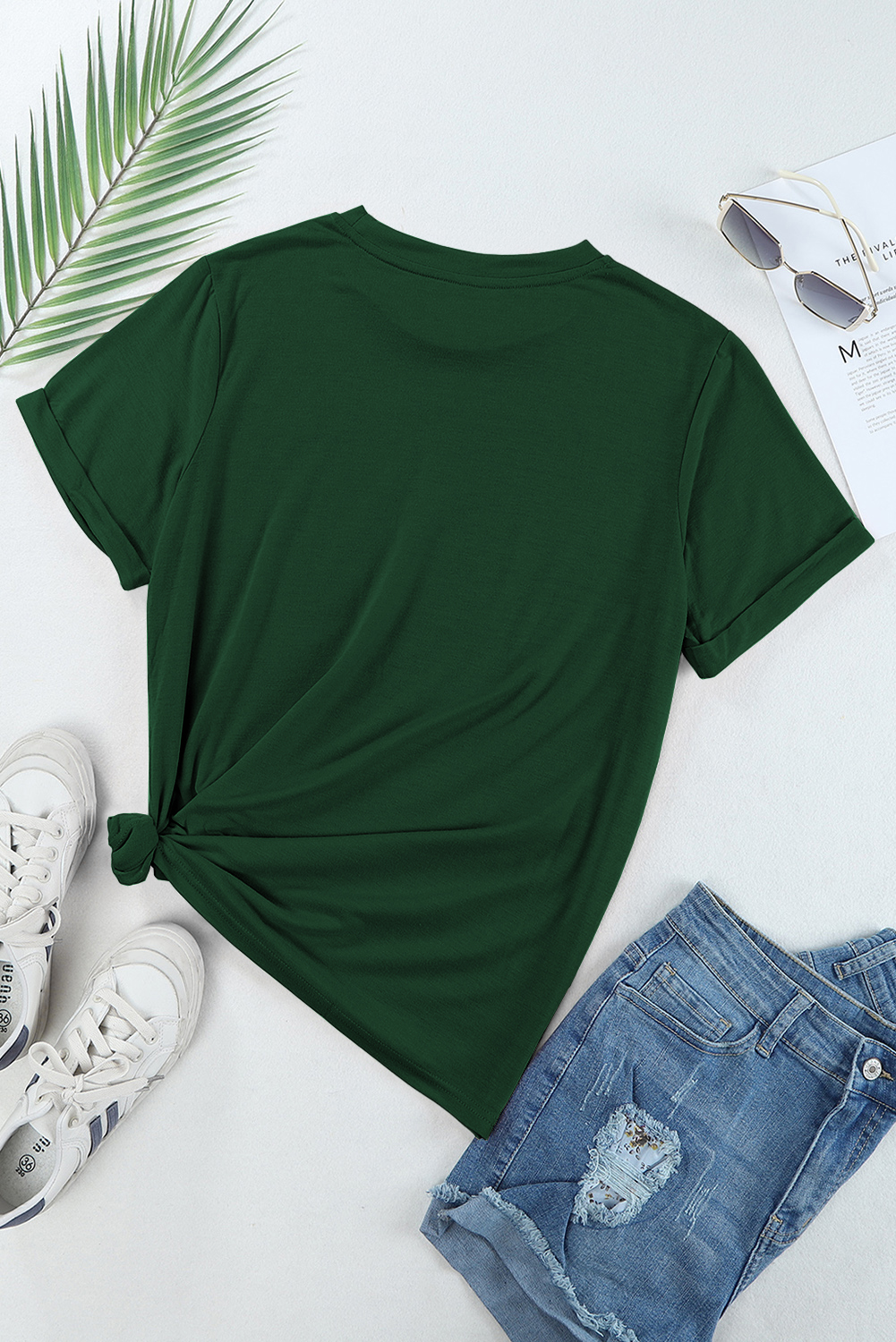 Women's Green Crew Neck Tee, Casual Short Sleeve Summer Top - Detail View 7 Women's Green Crew Neck Tee, Casual Short Sleeve Summer Top - Detail View 7