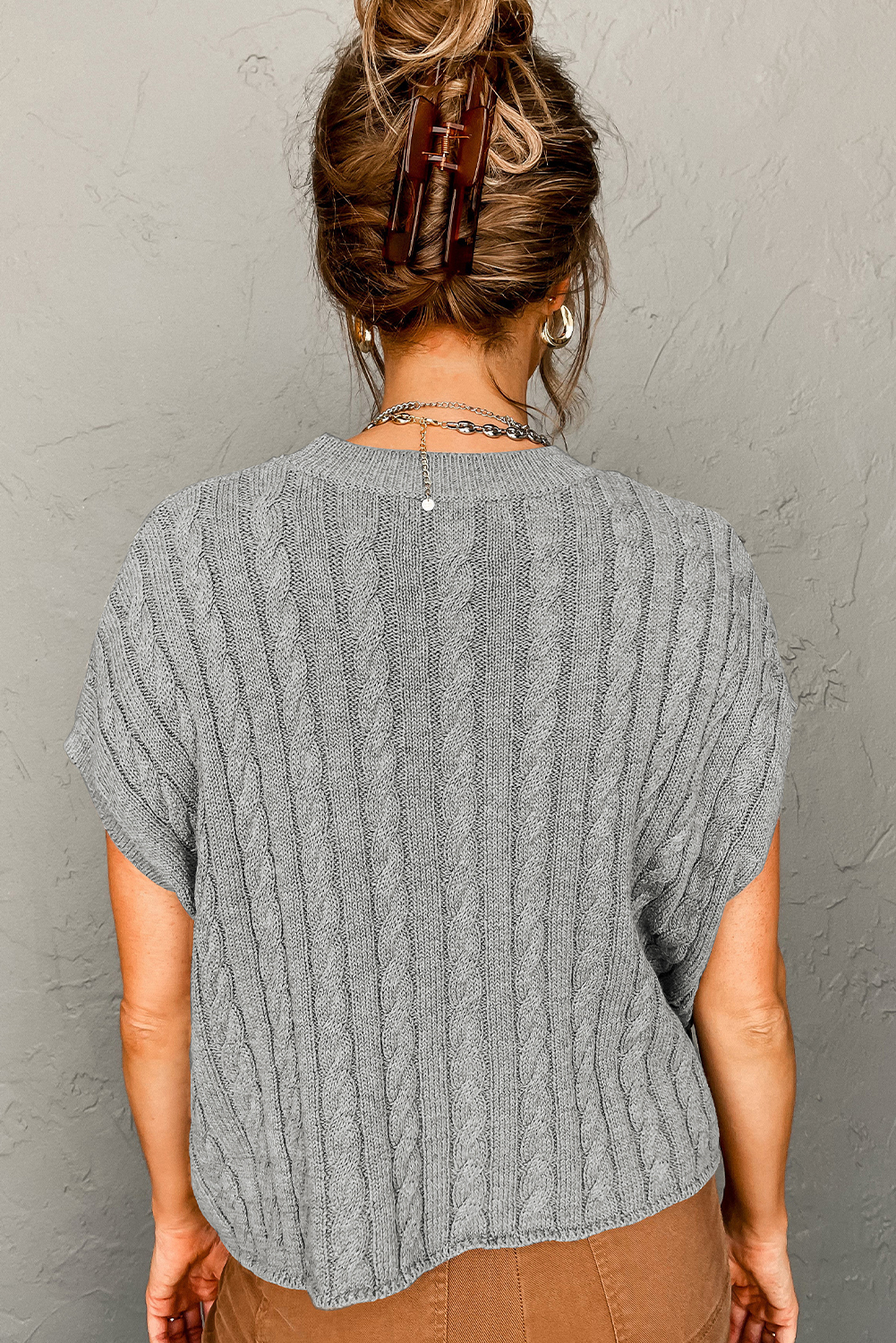 Women's Short Sleeve Knit Sweater, Versatile Grey Casual Top - Detail View 3 Women's Short Sleeve Knit Sweater, Versatile Grey Casual Top - Detail View 3
