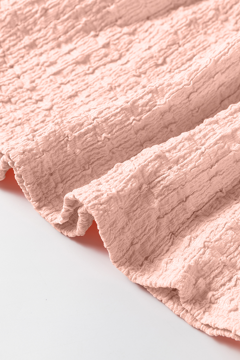 Women's Trendy Light Pink Tiered Flowy Blouse with Textured Fabric - Detail View 11 Women's Trendy Light Pink Tiered Flowy Blouse with Textured Fabric - Detail View 11