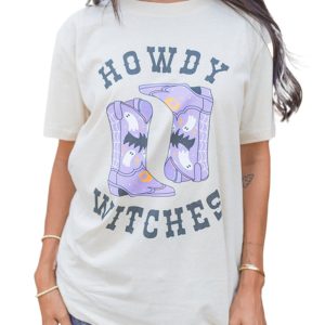 HOWDY WITCHES Halloween Boots Crewneck T-Shirt for Women - Main View
