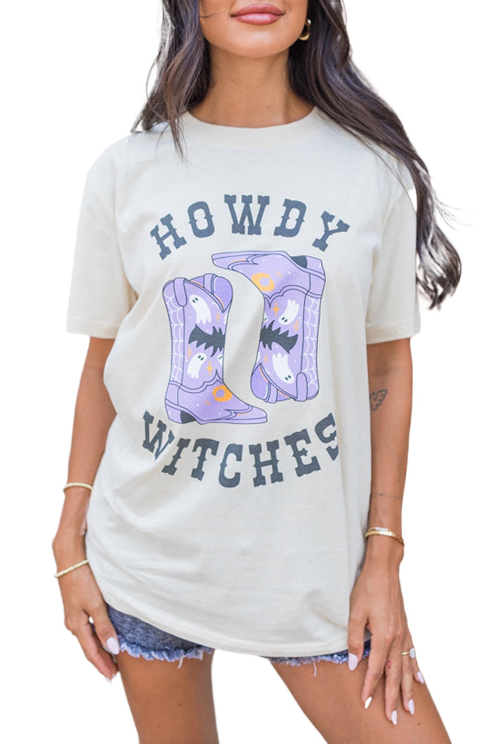 HOWDY WITCHES Halloween Boots Crewneck T-Shirt for Women - Main View HOWDY WITCHES Halloween Boots Crewneck T-Shirt for Women - Main View