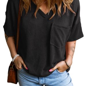 Women's Black V Neck T-Shirt, Casual Loose Pocket Short Sleeve - Main View
