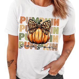 Women's Pumpkin Season Leopard Bow Print Crew Neck T-Shirt - Main View