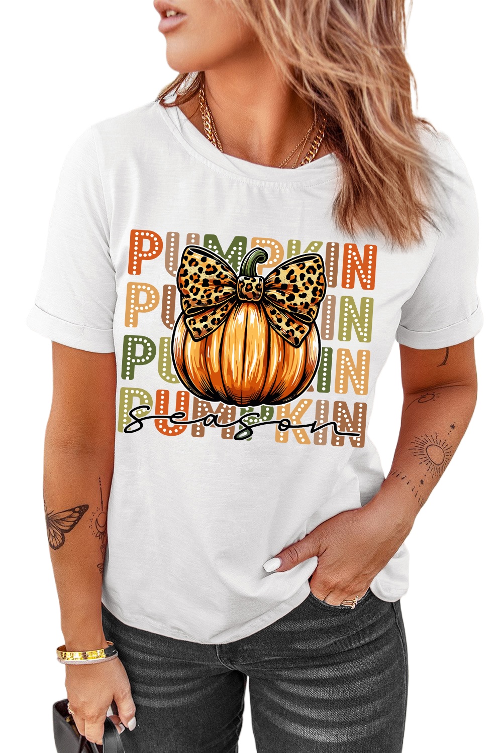 Women's Pumpkin Season Leopard Bow Print Crew Neck T-Shirt - Main View Women's Pumpkin Season Leopard Bow Print Crew Neck T-Shirt - Main View